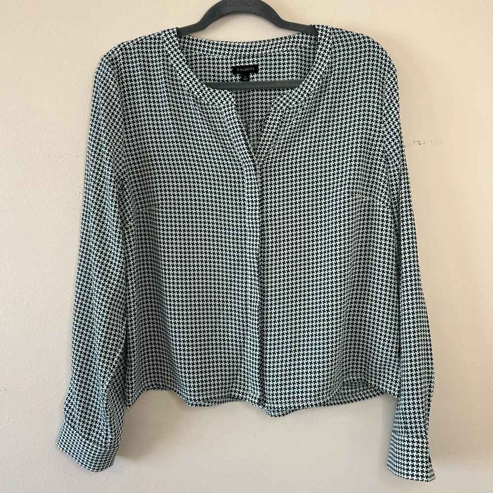 Talbots Womens Green White Houndstooth Hidden Button Office Blouse‎ Large